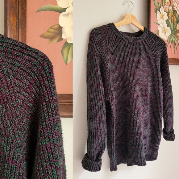 Vintage Sweaters - 90s Ribbed Crewneck Sweater 1990s Vintage Black Space Dye / Heathered Rib Knit